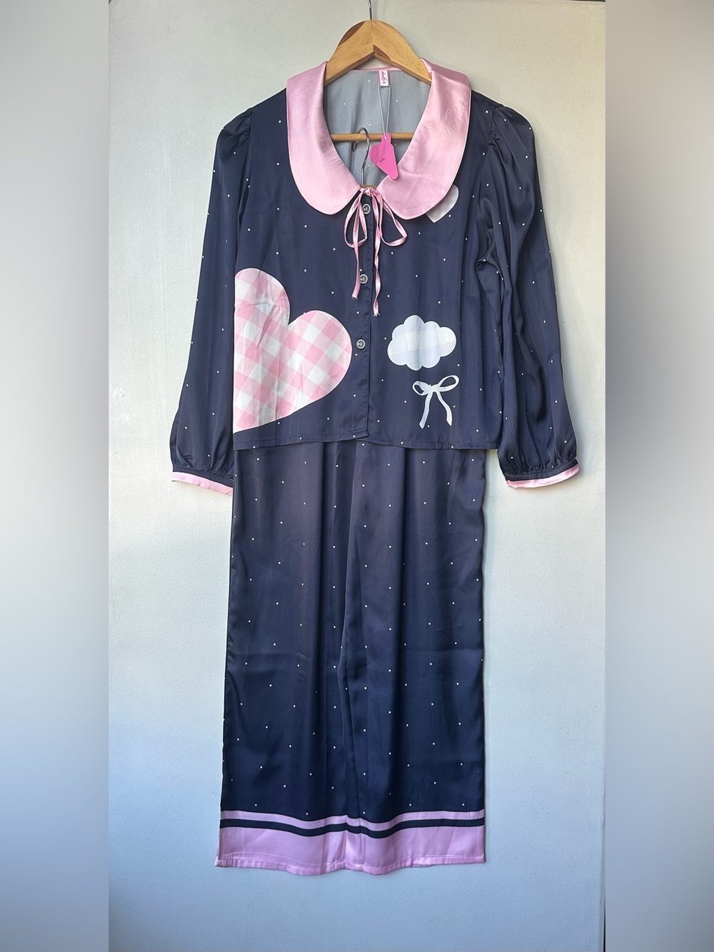 Women's Navy and Pink Heart-Print Pajama Set with Peter Pan Collar My Melody